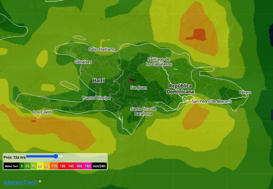 climaya's tweet image. 🇩🇴Alerta meteorológica! 🌧️🌀 Un frente frío se avecina sobre La Española, provocando lluvias. 

¡Prepárate para el martes, día de máxima precipitación! ☔️🗓️ #ClimaRD #LluviasIntensas #frentefrio 

MAPA: Lluvias acumuladas próximos 3 días.