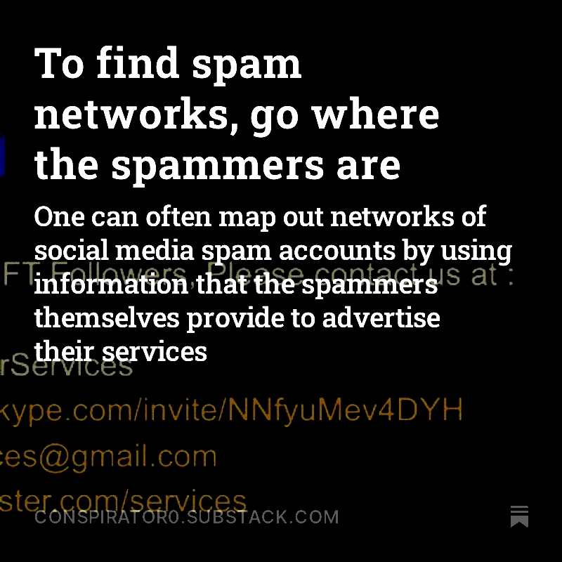 How does one go about finding social media spam networks? Sometimes the best way is to go a site where spammers hang out and start poking around. cc: @ZellaQuixote conspirator0.substack.com/p/to-find-spam…