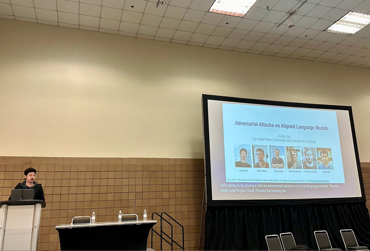 We are pleased to have Andy Zou @andyzou_jiaming at SoLaR, sharing his influential work, Adversarial Attacks on Aligned Language Models!