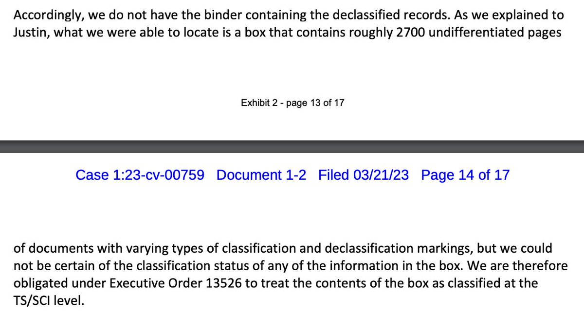 Folks: Regarding NYT's description of that classified 'binder' being 2,700 pages? Here's what a follow-up court filings describes that 'binder' as: a box w/conflicting classification marks. documentcloud.org/documents/2372…