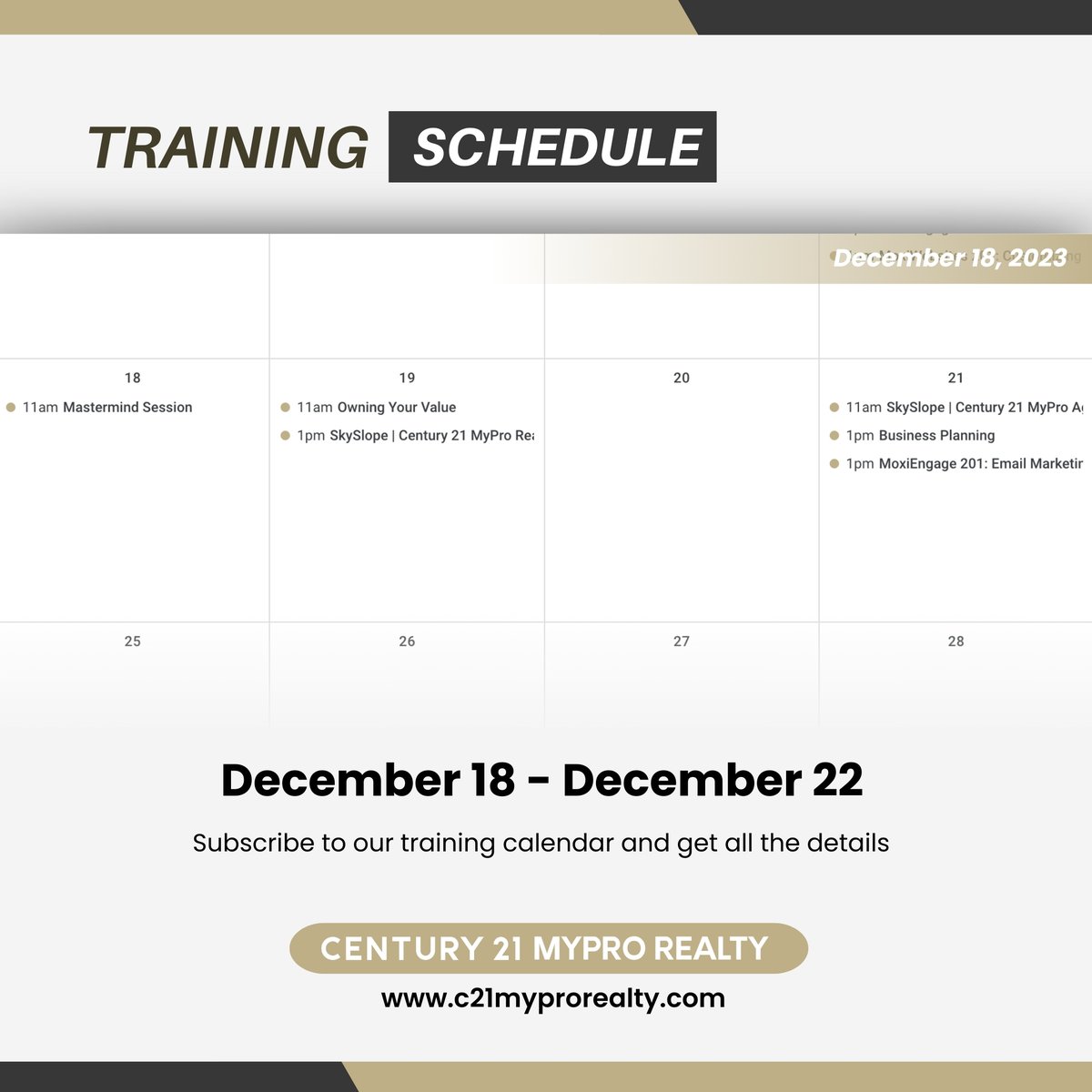 🌟 Enhance Your Expertise - Dec 18-22 training sessions Century 21 MyPro Realty! 🌟
Join us for growth and empowerment. Let's elevate the real estate experience together.

#RealEstateTraining #TorontoRealEstate #AgentDevelopment #ProfessionalGrowth