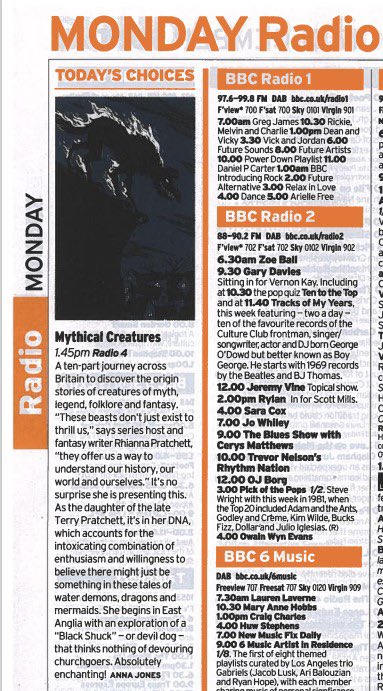 Lovely write-up in this week’s Radio Times on Mythical Creatures (the show I’m hosting) which starts on Monday Dec 18th on BBC Radio 4 at 1.45pm and runs daily for 10 episodes. It will also be available as a boxset on BBC Sounds and RSS for listeners outside the U.K.