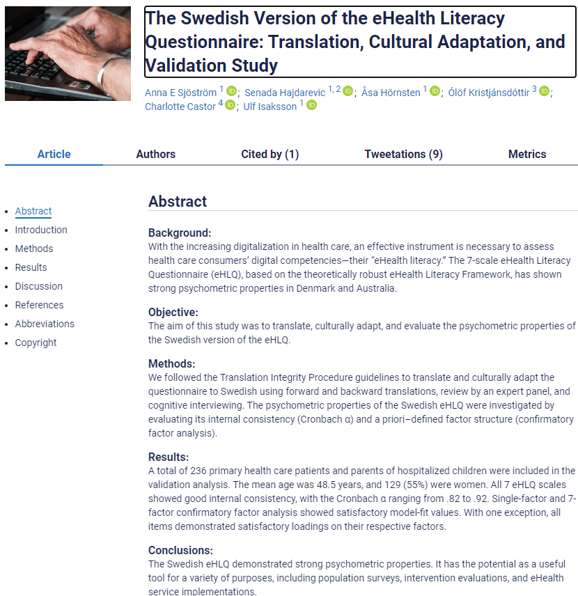 Professor Richard H Osborne (@richardosborne4) on Twitter photo Digital #HealthLiteracy is critical for effective digital services, for mainstream and people who experience marginalisation... again, the eHLQ questionnaire shines even with such tough tests and standards. Congrats <a href="/AnnaSjstrm18/">Anna Sjöström</a> & team. <a href="/LarsKayser/">Lars Kayser</a>
jmir.org/2023/1/e43267 Digital #HealthLiteracy is critical for effective digital services, for mainstream and people who experience marginalisation... again, the eHLQ questionnaire shines even with such tough tests and standards. Congrats <a href="/AnnaSjstrm18/">Anna Sjöström</a> & team. <a href="/LarsKayser/">Lars Kayser</a>
jmir.org/2023/1/e43267