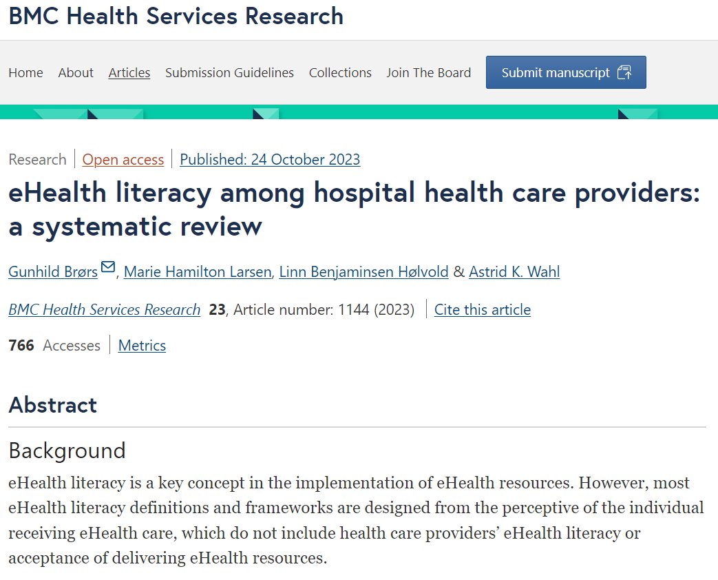 Professor Richard H Osborne (@richardosborne4) on Twitter photo Grear to see thoughtful use of the eHealth Literacy Framework by <a href="/GunhildBrrs/">Gunhild Brørs</a>
bmchealthservres.biomedcentral.com/articles/10.11…
The framework:
kmel-journal.org/ojs/index.php/… Grear to see thoughtful use of the eHealth Literacy Framework by <a href="/GunhildBrrs/">Gunhild Brørs</a>
bmchealthservres.biomedcentral.com/articles/10.11…
The framework:
kmel-journal.org/ojs/index.php/…
