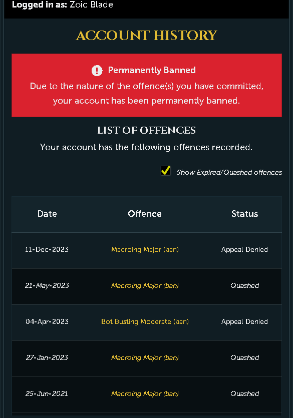 Unfortunately "Zoic Blade" got hit with a false ban.
It'd be highly appreciated if some-one at Jagex can help me resolve this issue.
<a href="/JagexSupport/">Jagex Support</a> 
<a href="/JagexTwisted/">Mod Twisted</a> 
<a href="/JagexTrident/">Mod Trident</a> 
<a href="/JagexAthena/">Mod Athena</a> 
<a href="/JagexSupport/">Jagex Support</a>