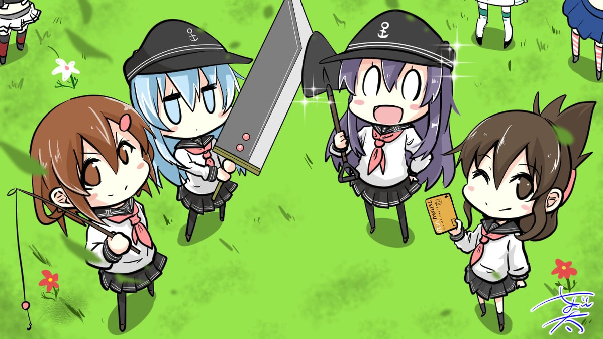 akatsuki (kancolle) ,hibiki (kancolle) ,ikazuchi (kancolle) ,inazuma (kancolle) ,kaga (kancolle) ,nagato (kancolle) multiple girls skirt school uniform hat serafuku long hair brown hair  illustration images