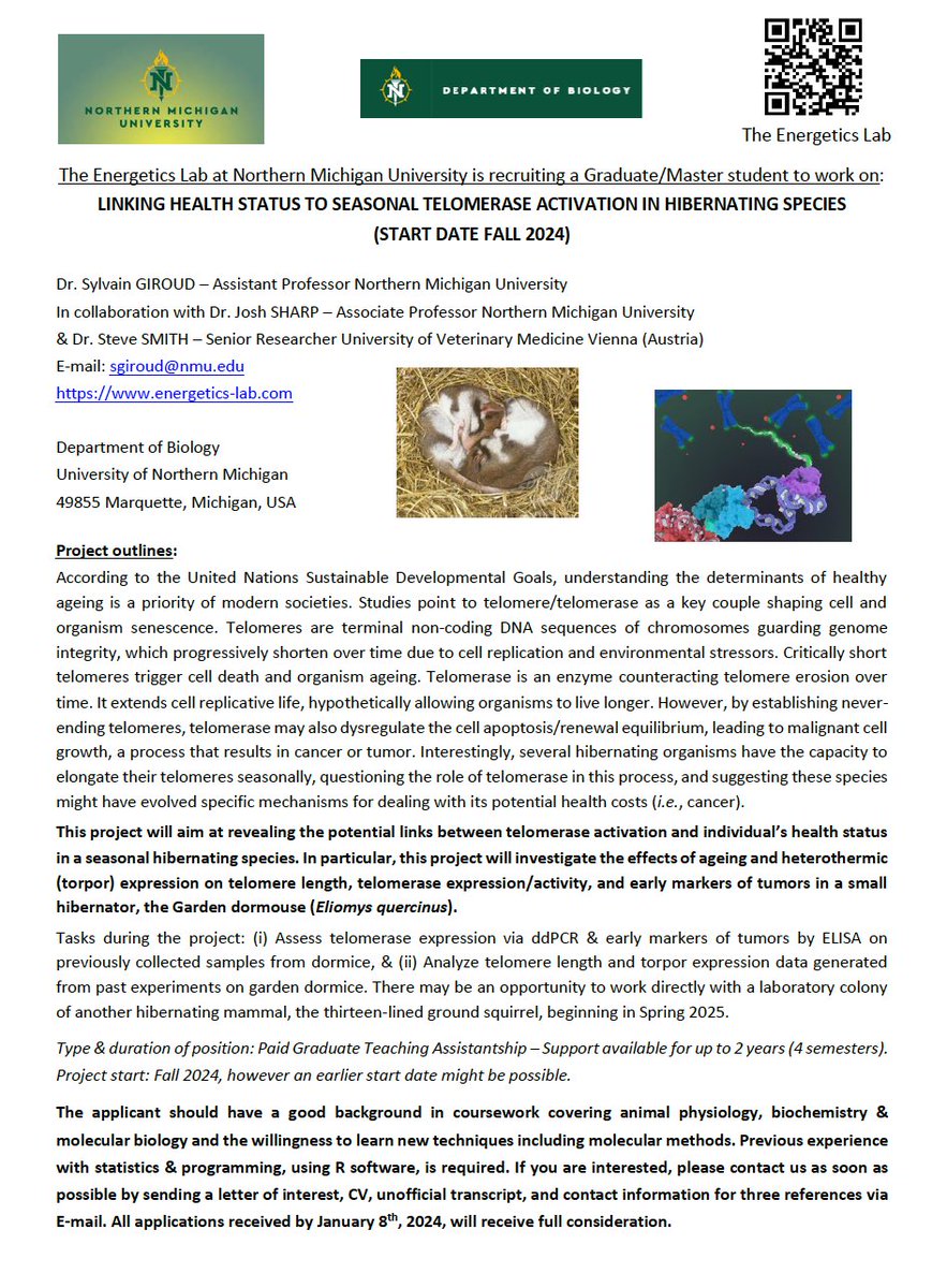 Sylvain Giroud (@sylvaingiroud) on Twitter photo Interested in a 2-yrs Master/Graduate Assistantship to work on a research project on torpor & telomerase at the Energetics Lab & teach biology at NMU-Marquette? So apply - deadline for full consideration Jan 8th, 2024 - Please RT! <a href="/sicb_dcpb/">SICB Comparative Physiology and Biochemistry</a> <a href="/SEBiology/">SEB @sebiology.bsky.social</a> <a href="/HibernationR/">Hibernation Research</a> @dl_levesque Interested in a 2-yrs Master/Graduate Assistantship to work on a research project on torpor & telomerase at the Energetics Lab & teach biology at NMU-Marquette? So apply - deadline for full consideration Jan 8th, 2024 - Please RT! <a href="/sicb_dcpb/">SICB Comparative Physiology and Biochemistry</a> <a href="/SEBiology/">SEB @sebiology.bsky.social</a> <a href="/HibernationR/">Hibernation Research</a> @dl_levesque