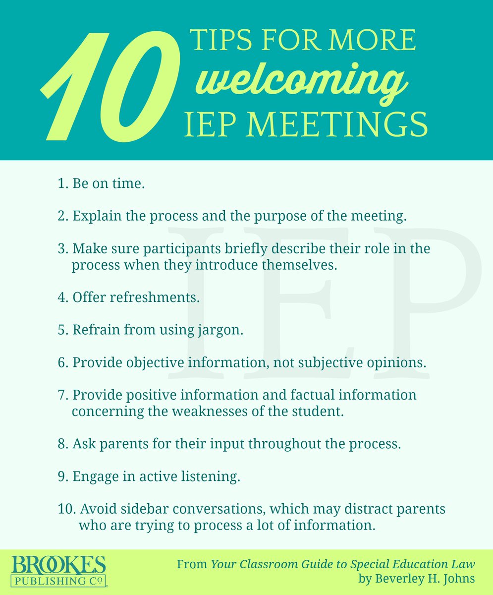 BrookesPubCo's tweet image. 10 tips for more welcoming #IEP meetings. (More tips here: ecs.page.link/Fcmqz) #IEPs #spedchat #inclusion