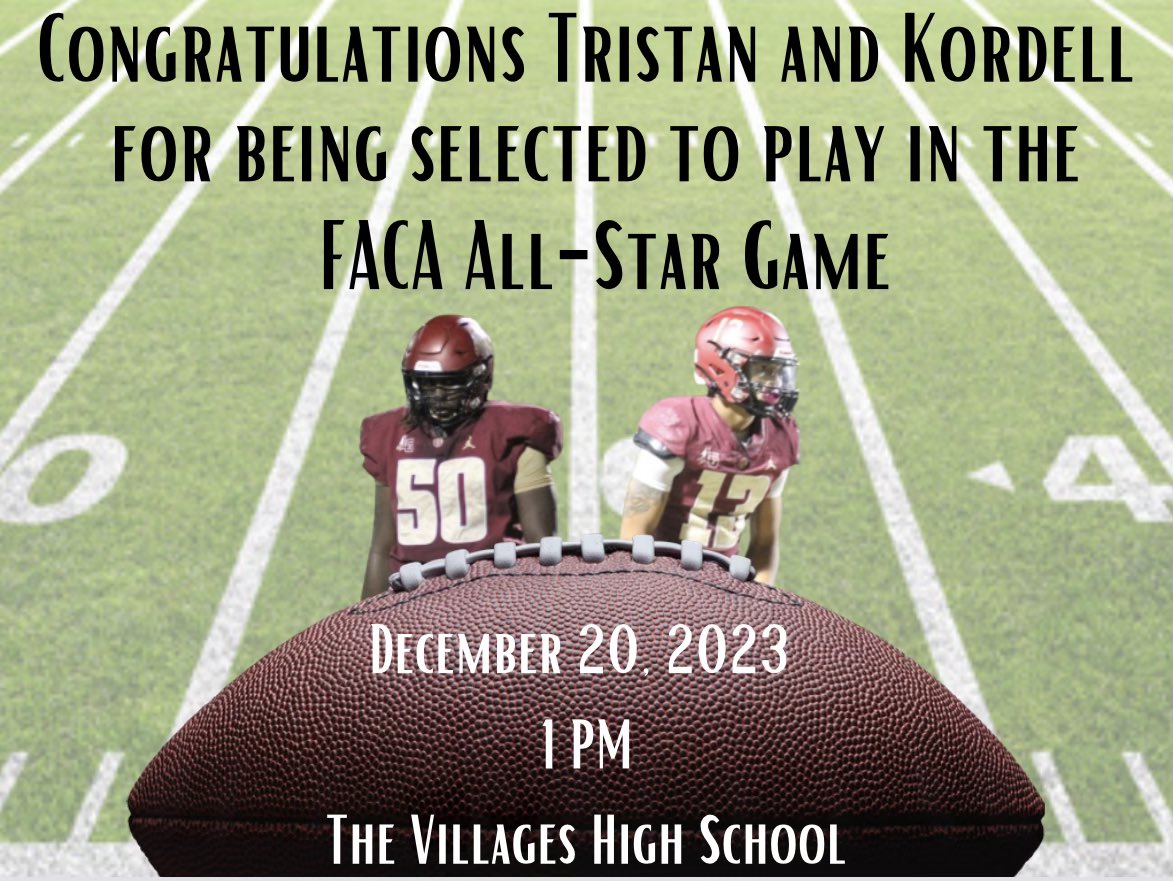 LAKE GIBSON BRAVES FOOTBALL (@lakegibsonfb) on Twitter photo Congratulations to <a href="/kordell_lewis/">Kordell Lewis</a> and <a href="/Tristanblack111/">Tristan “TB50🌟” Black</a> for being selected to play in <a href="/FACACoach/">FACA</a> All Star Game on Wednesday at 1:00 at Villages High school. <a href="/CoachRPringle/">Rich Pringle</a> is also coaching in the game for the south team. <a href="/LGHSOfficial/">Lake Gibson High School</a> #BOE #RecruitTheGib Congratulations to <a href="/kordell_lewis/">Kordell Lewis</a> and <a href="/Tristanblack111/">Tristan “TB50🌟” Black</a> for being selected to play in <a href="/FACACoach/">FACA</a> All Star Game on Wednesday at 1:00 at Villages High school. <a href="/CoachRPringle/">Rich Pringle</a> is also coaching in the game for the south team. <a href="/LGHSOfficial/">Lake Gibson High School</a> #BOE #RecruitTheGib