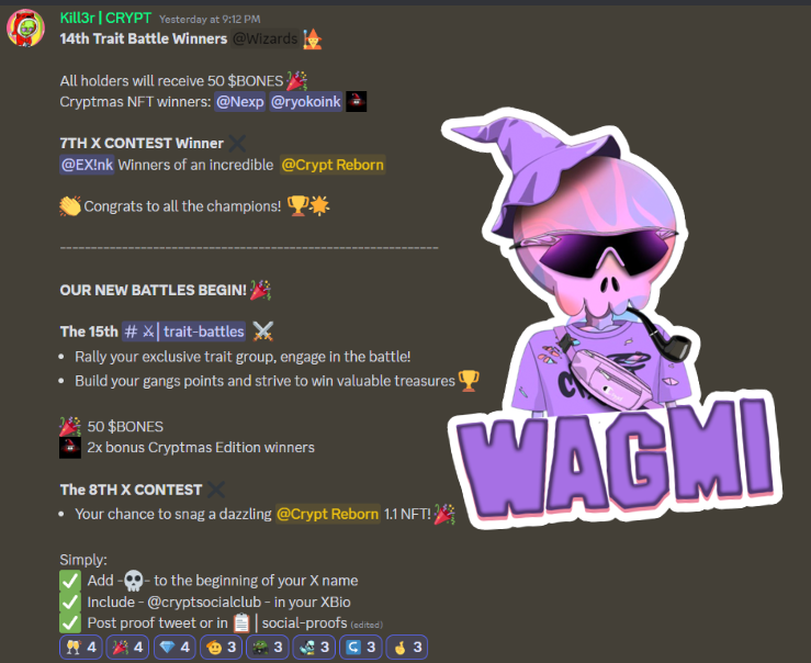 cryptsocialclub's tweet photo. Winners have been announced for our 14th #traitbattle & 7th X contest! ๐
The #wizard trait group emerged victorious in this battle, and each holder has been generously rewarded with extra $BONES. ๐โ ๏ธ
Did you secure any rewards? ๐ช
New #Contests have already begun DON'T MISS! https://t.co/JG693fFlOH