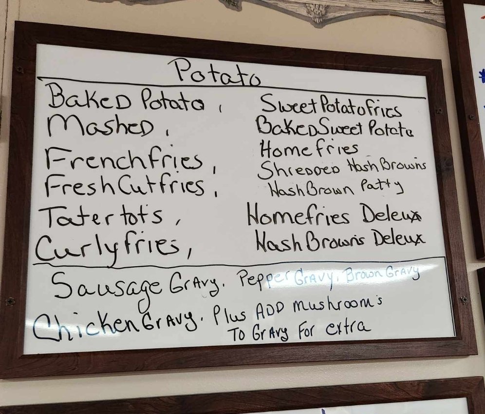 Returned to the Lincoln Diner in rural Crawford County, one of my favorite Ohio diners The prices are cheap, the wall is full of framed tractors and there's a whole board of potato options. (There's also secret potatoes not listed, I was told)