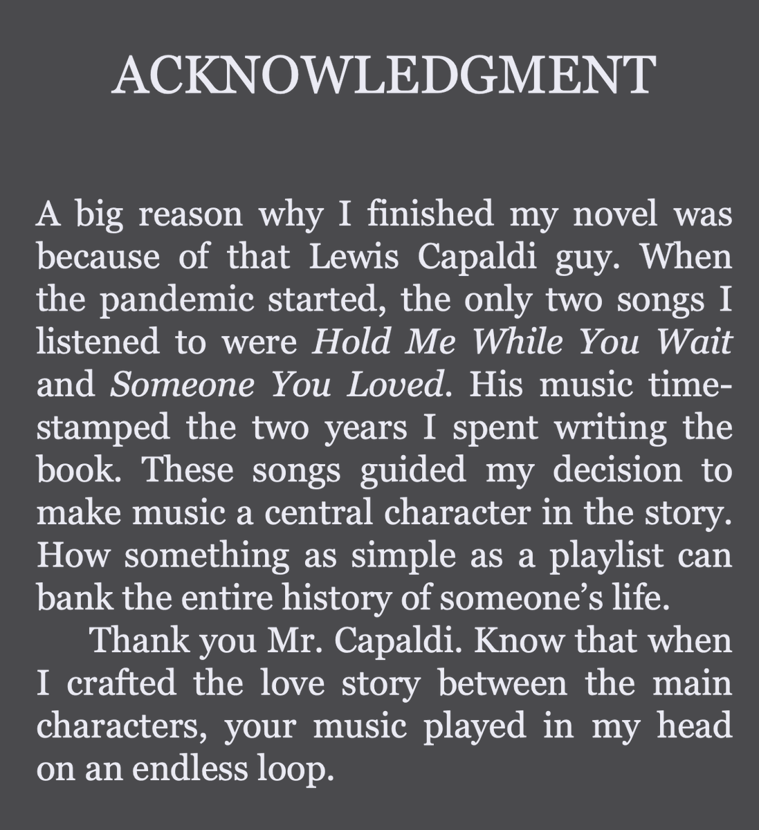 LeviDrops's tweet photo. @LewisCapaldi I mention you in the Acknowledgements of my book. https://t.co/6bsH3VXjRX