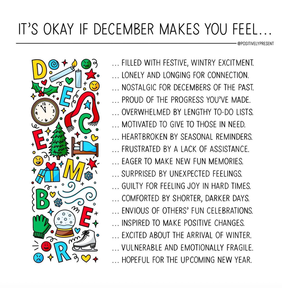 December can bring a mix of emotions, from joy and excitement to sadness and overwhelm. Be kind to yourself, take breaks when needed, and remember that it's okay to prioritize your #MentalHealth. ❤️💚 🎨: @positivelypresent on IG