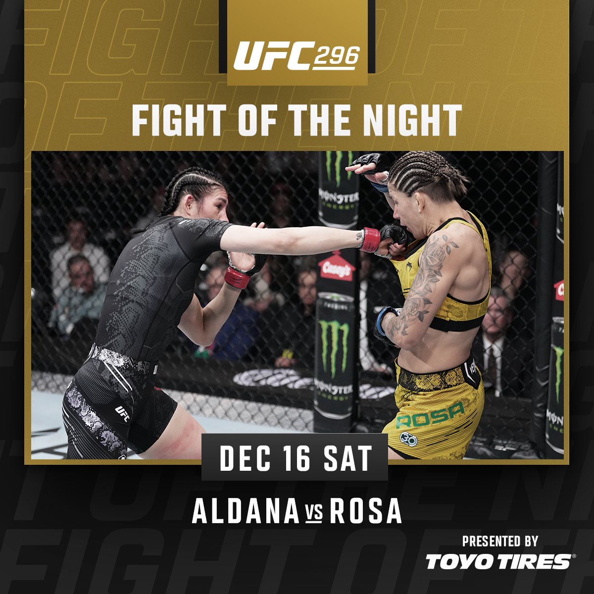 Absolutely no doubt about it 🔥 Irene Aldana vs Karol Rosa is your #UFC296 Fight of the Night! [ B2YB @ToyoTires ]