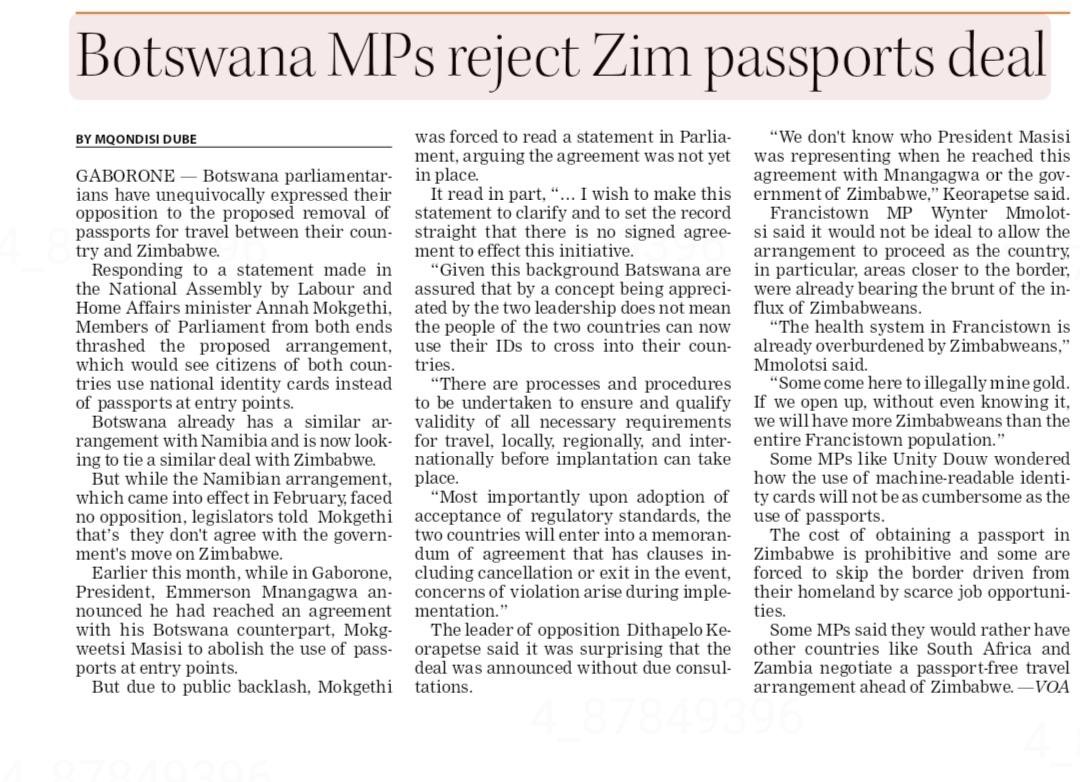 Botswana Members of parliament from the ruling party and the opposition have united to roundly reject the idea of Zimbabweans coming to Botswana without passports but only identity cards in a reciprocal deal. The Botswana MPs said that their public healthcare system is already…