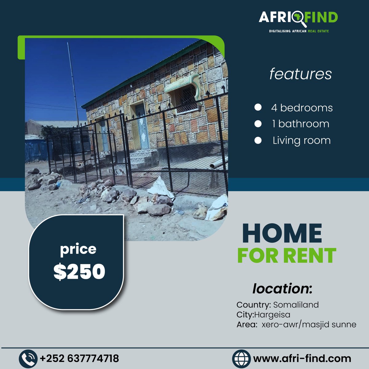 Property for rent in Somaliland Hargeisa Area of Xero-awr/Masjid sunne

Contact for more information:+252-63-7774718

#Guri-kiro ah
#somalia
#xero-awr
#Somaliland
#RealEstate
#ForSale
#african
#PropertyForRent
#afri-find