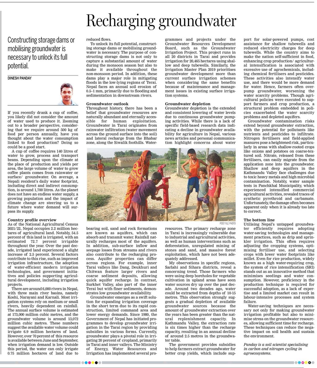 Dinesh Panday (@dineshpanday) on Twitter photo My OpEd in <a href="/kathmandupost/">The Kathmandu Post</a> Dec. 17, 2023
"Recharging groundwater"
Success in groundwater management aligns with principles of “more crop per drop” & “more value from every drop”, echoing the theme of 2023 World Soil Day: “Soil & Water: A Source of Life”
kathmandupost.com/columns/2023/1… My OpEd in <a href="/kathmandupost/">The Kathmandu Post</a> Dec. 17, 2023
"Recharging groundwater"
Success in groundwater management aligns with principles of “more crop per drop” & “more value from every drop”, echoing the theme of 2023 World Soil Day: “Soil & Water: A Source of Life”
kathmandupost.com/columns/2023/1…