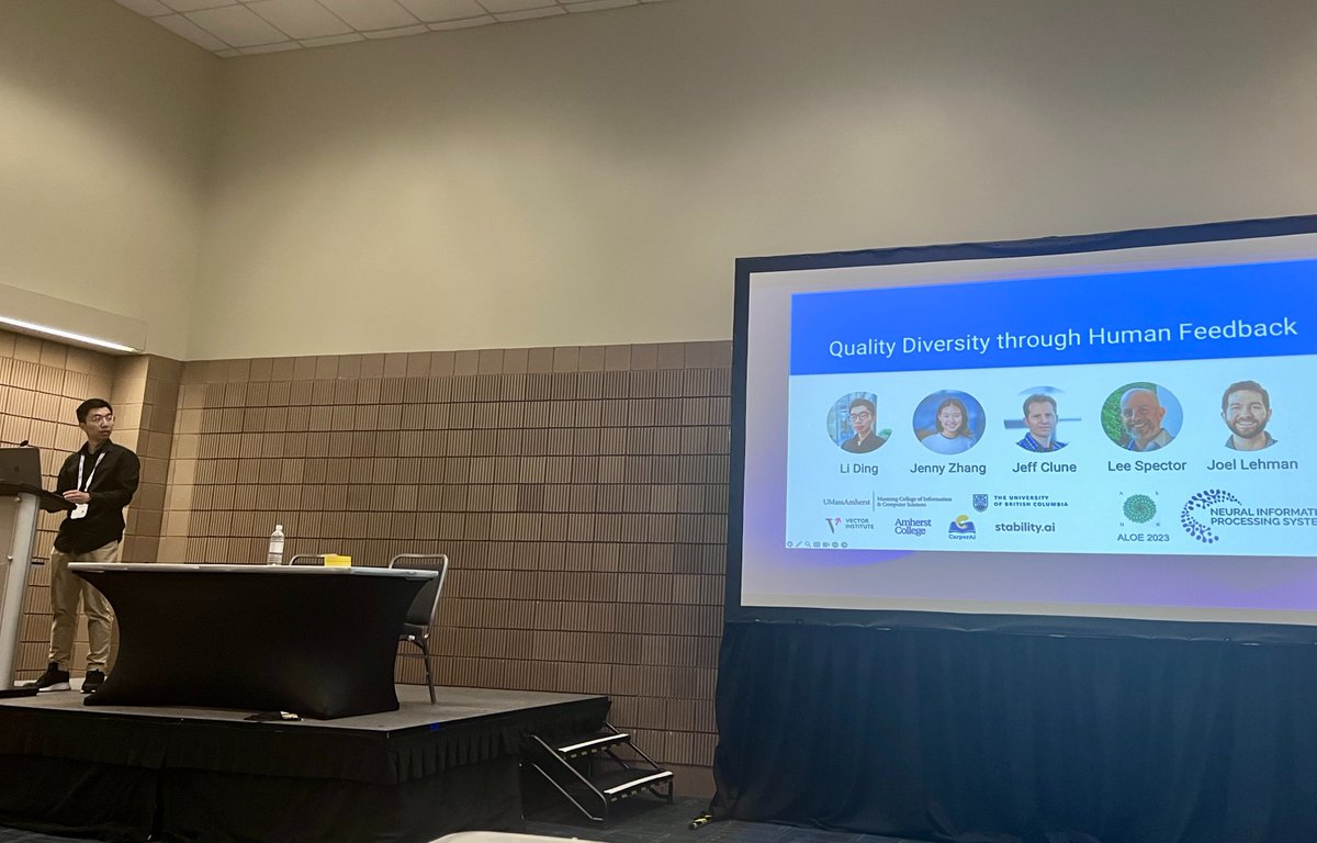 Had a great time yesterday presenting our QDHF work at #NeurIPS2023 <a href="/aloeworkshop/">ALOE Workshop</a>! Fantastic workshop with great vibes. Glad to meet so many people in open-endedness, QD, RL, especially my amazing collaborators <a href="/jennyzhangzt/">Jenny Zhang</a> and <a href="/jeffclune/">Jeff Clune</a>! (Thanks to <a href="/RyanBoldi/">Ryan Bahlous-Boldi</a> for this photo!)