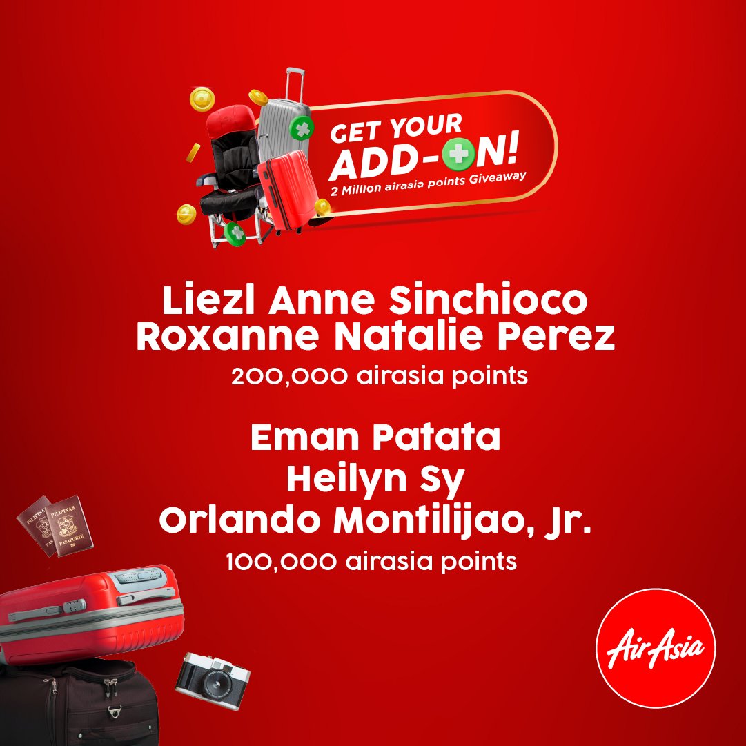 Got your add-on? Get your airasia points! 🤩 Congratulations to all the winners of Get Your Add-on: 2 Million airasia points Giveaway! Continue to purchase add-ons with your AirAsia flight to get more savings and maybe more prizes! 👀 #FlyAirAsia #FlytheWorldChampion