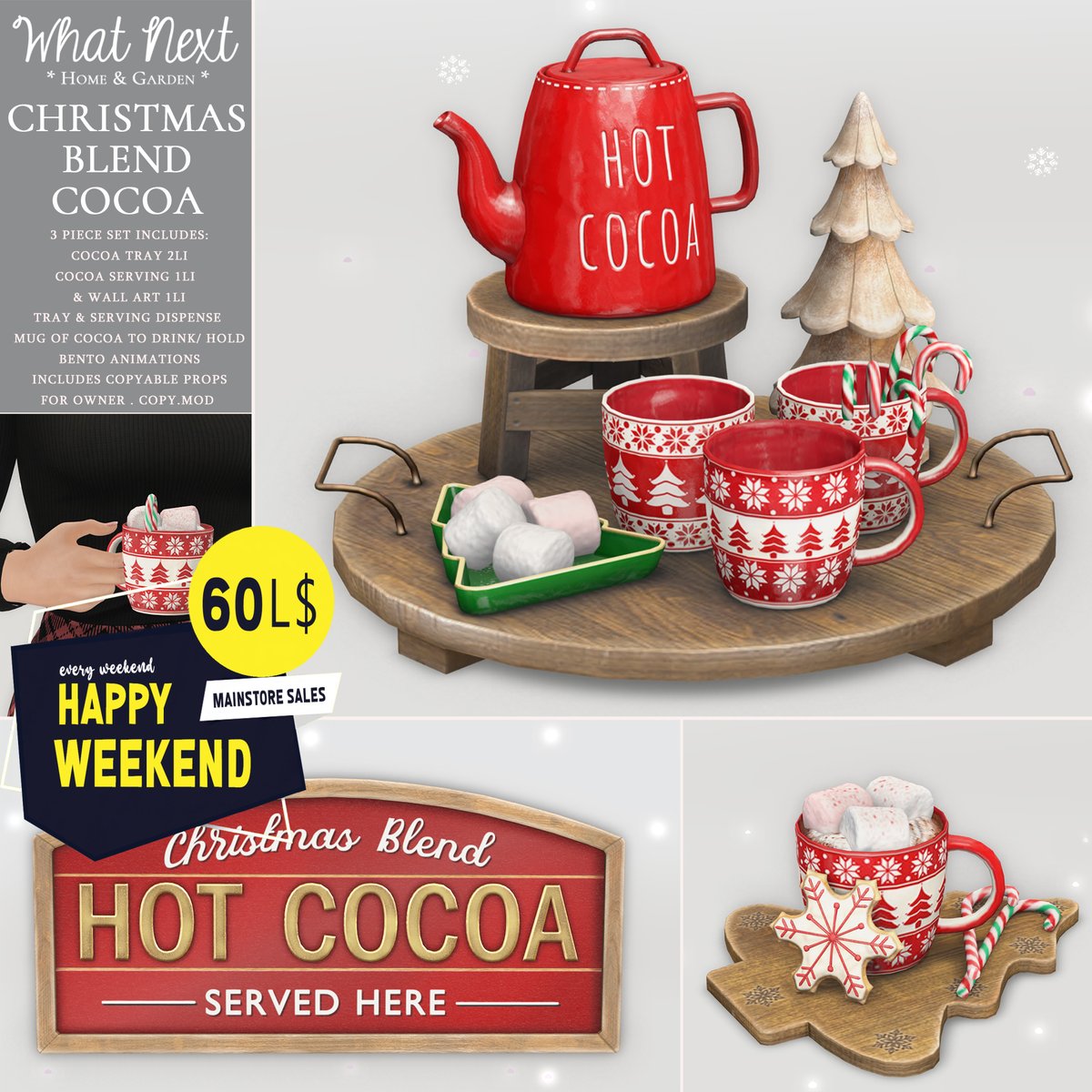 Christmas Blend Cocoa - 3 piece set - is on sale for 60L Happy Weekend, at our mainstore, by the landing point! Sale runs through all weekend and all day Monday too 🎄☕️❄️☃️
#ACCESS #secondlife