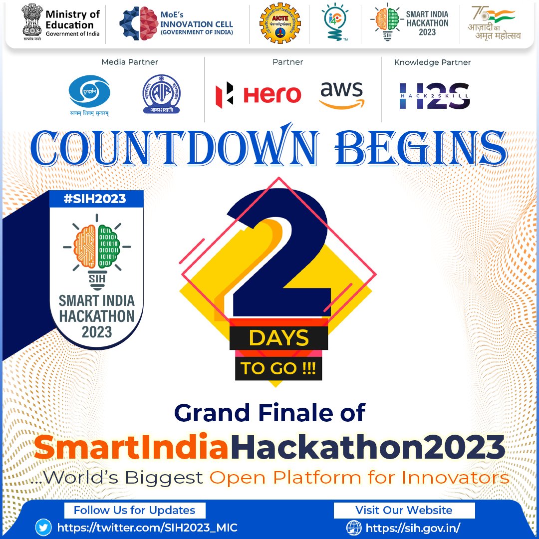 ❗ATTENTION ❗ 📢 ONLY 2 DAYS LEFT FOR THE GRAND FINALE OF #SIH2023. India's biggest hackathon, where technology meets innovations will soon begin... Stay Tuned! #smartindiahackathon2023