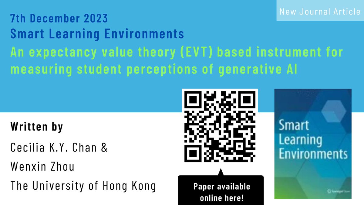 🤖Is there a correlation between student perceptions and their intention to use GenAI? Find out from my latest article w/ Ms.@MattieWenxin, where students’ knowledge, perceived value, and perceived cost were measured by the Expectancy-Value Theory (EVT). 👉doi.org/10.1186/s40561…