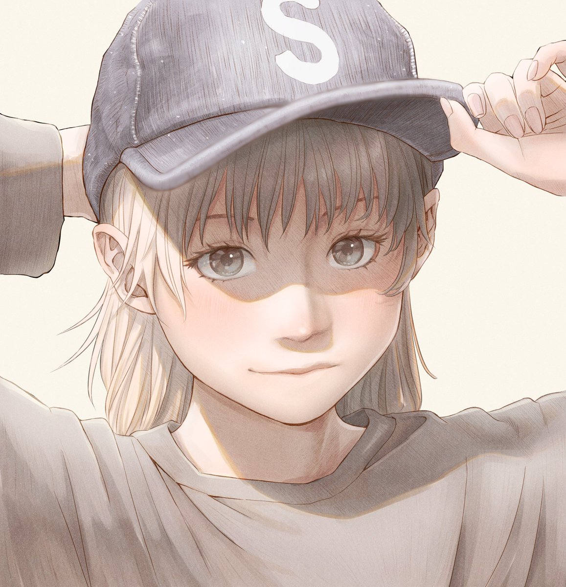 1girl solo hat looking at viewer grey shirt shirt baseball cap  illustration images