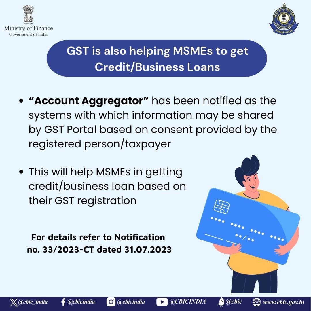 GST registration helping MSMEs to get credit/business loans.

#GSTforGrowth #EaseofDoingBusiness 
#ViksitBharat 
#FinMinReview2023