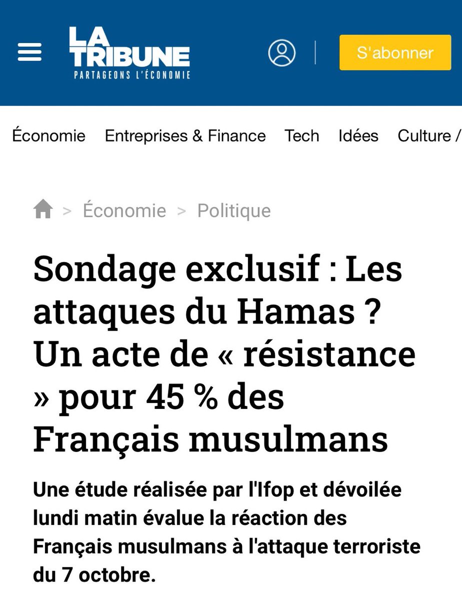 Sondage Ifop : 45% des Français de confession musulmane considèrent les attaques du Hamas du 7 octobre comme « un acte de résistance contre la colonisation ». Quasiment la moitié des français musulmans approuveraient donc le pogrom du 7 octobre. Ils approuveraient les