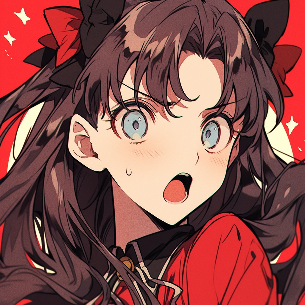 tohsaka rin 1girl solo long hair open mouth blue eyes red background blush  illustration images