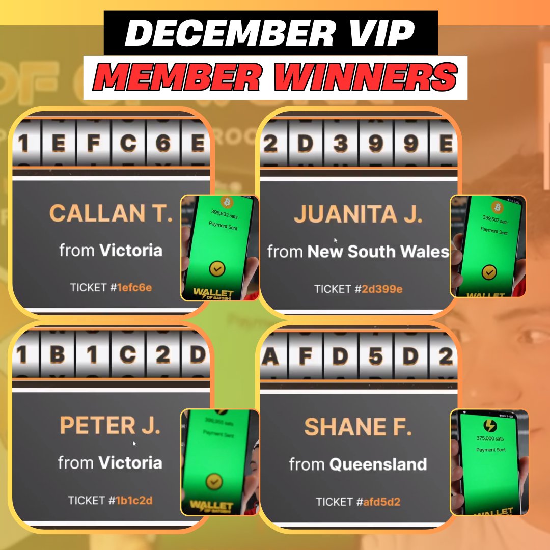 ausbtcclub's tweet photo. 😍Congratulations to🍀:
Callan - VIC
Juanita - NSW
Peter - VIC
Shane - QLD
Sharing $1,000 of Bitcoin tonight in our December VIP Members Only Giveaway!
Next week, $3,000 of Bitcoin. All Aussies Welcome.
https://t.co/AcFVuTy8TS
#bitcoinaustralia #bitcoinevents #bitcoinaud #btcaud #bitcoingiveaway #bitcoinmemberships #bitcoinoz
#bitcoindownunder #australia #Australianbitcoin #ozgiveaway #australiangiveaway #aussiebtc
#australianmade #cryptocurrency #BitcoinGuide #proofofworkau