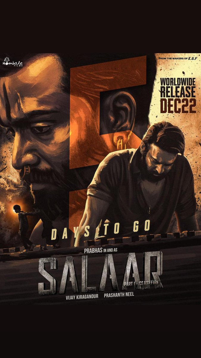 5 Days to go for #SalaarCeaseFire 💥 Experience the epic tale of friendship unfold on the big screen - This December 22nd! Book your tickets now 🎟️ linktr.ee/Salaar_Tickets #Salaar #Prabhas #PrashanthNeel @PrithviOfficial @shrutihaasan @VKiragandur @hombalefilms #HombaleMusic