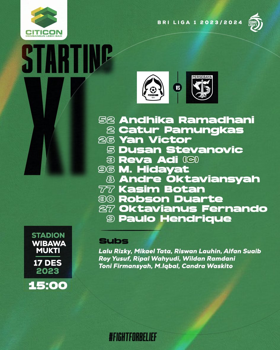 Starting line up Persebaya menghadapi pertandingan terakhir di tahun ini MENANGKAN JOL! #PersebayaDay #FightForBelief