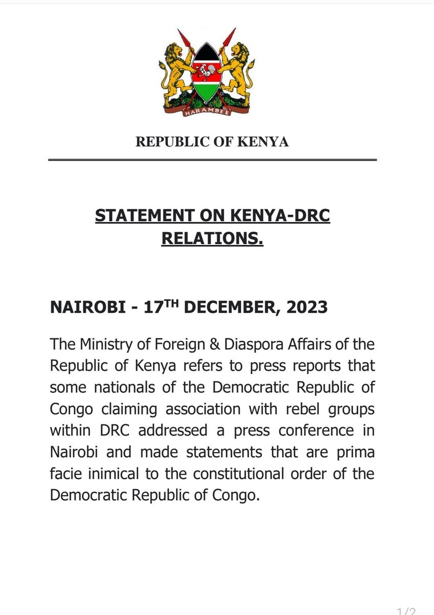 SpokespersonGoK's tweet photo. Statement by the Prime Cabinet Secretary and CS for Foreign Affairs @MusaliaMudavadi on the Kenya - DRC relations. https://t.co/JDPaBl0qIn