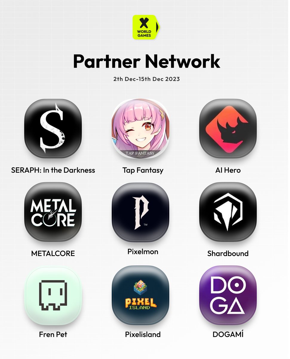 🎮🔥 Exciting news from the X World Games Partner Network! 🌐✨

⏰72h
🥳Like &amp; RT tag 3 friends
🎫5 people will be drawn to share $30 #XWG 🎮

🗓️ Our latest lineup of listed partners for 2 Dec- 15 Dec, 2023! <a href="/Seraph_global/">Seraph</a> , <a href="/tapfantasy2021/">TapFantasy</a>, <a href="/binary_x/">Cici</a> , <a href="/playmetalcore/">METALCORE | Let's #PlayMetalCore!</a> ,