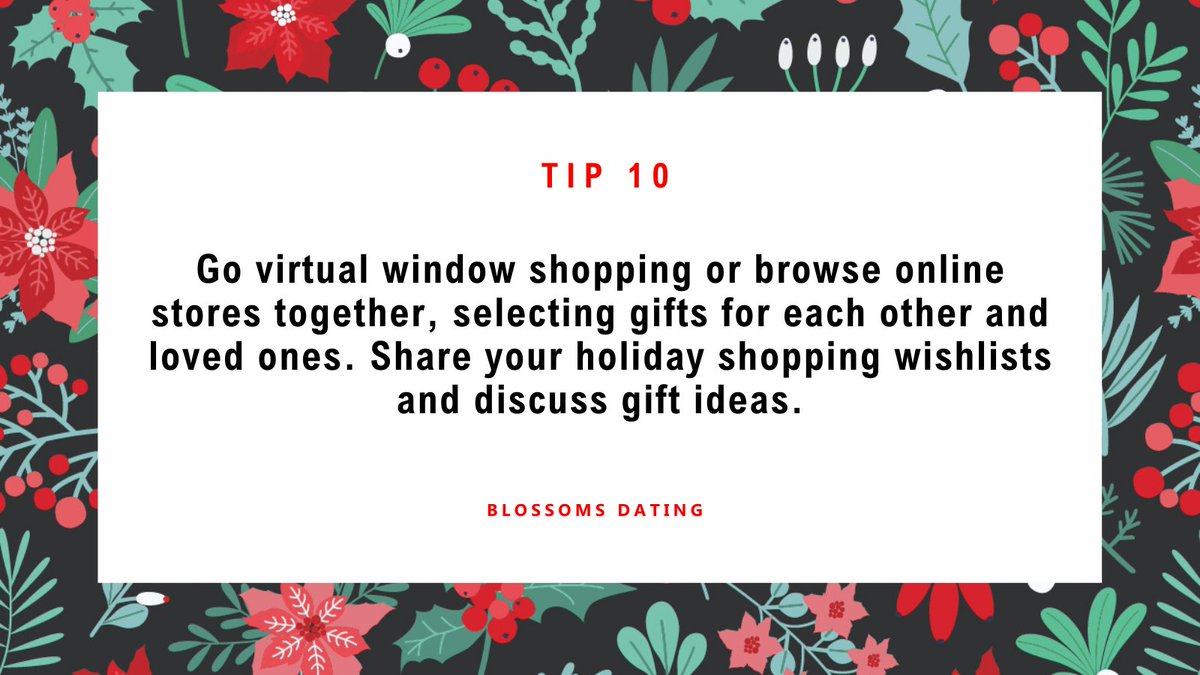 🛍️ LDR Tips from Blossoms Dating 🌸

Embark on a virtual holiday shopping spree!🔟Go virtual window shopping, browse online stores, and select gifts together. Share wishlists, discuss ideas, and make holiday shopping a shared adventure! #LDR #BlossomsDating #VirtualShopping