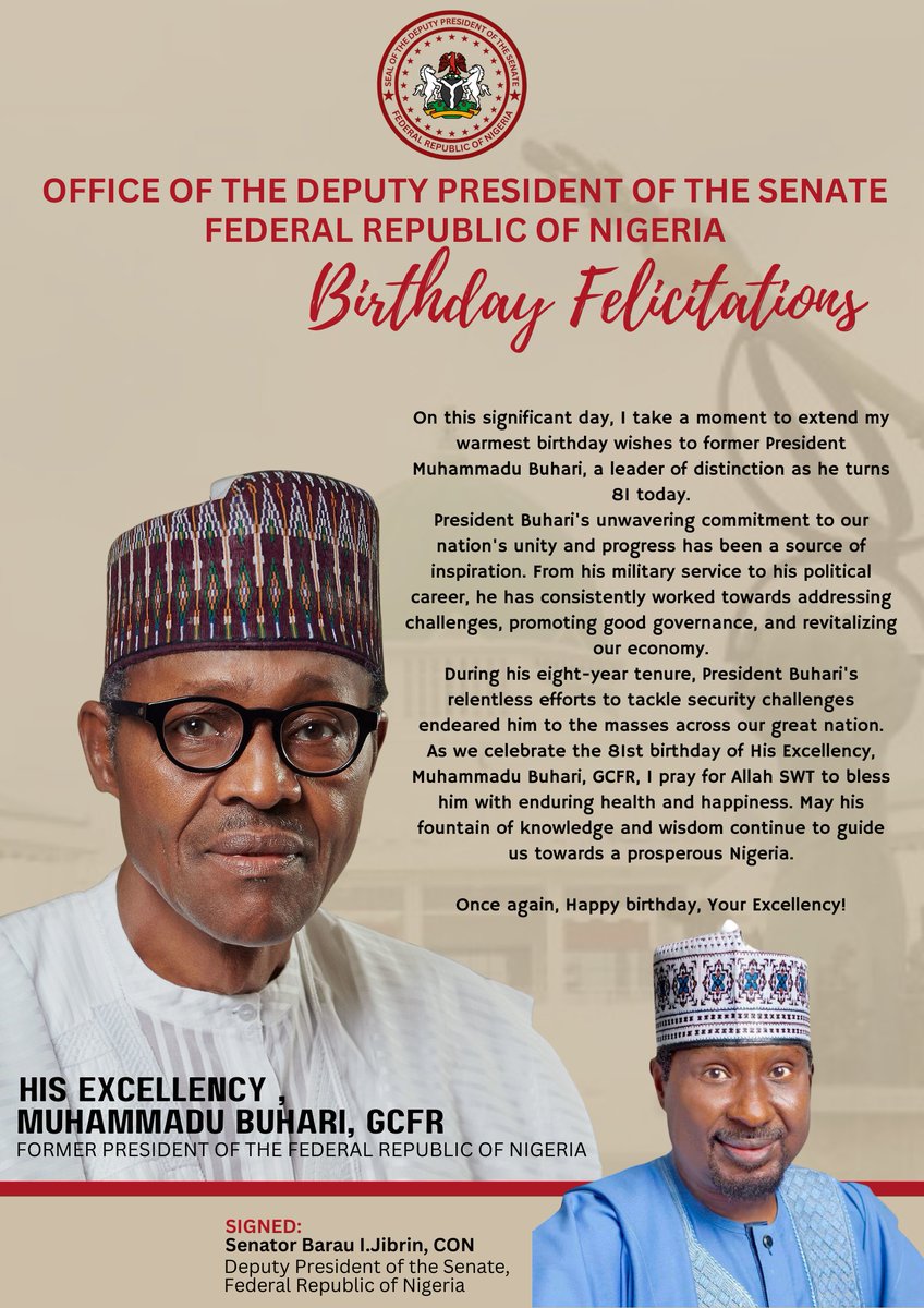 Celebrating Ex-President Buhari at 81 On this significant day, I take a moment to extend my warmest birthday wishes to former President Muhammadu Buhari @MBuhari, a leader of distinction as he turns 81 today.