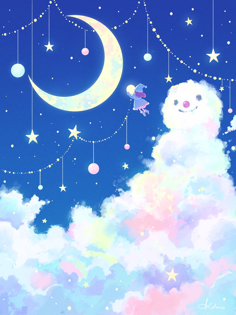 cloud moon sky 1girl crescent moon star (symbol) solo  illustration images