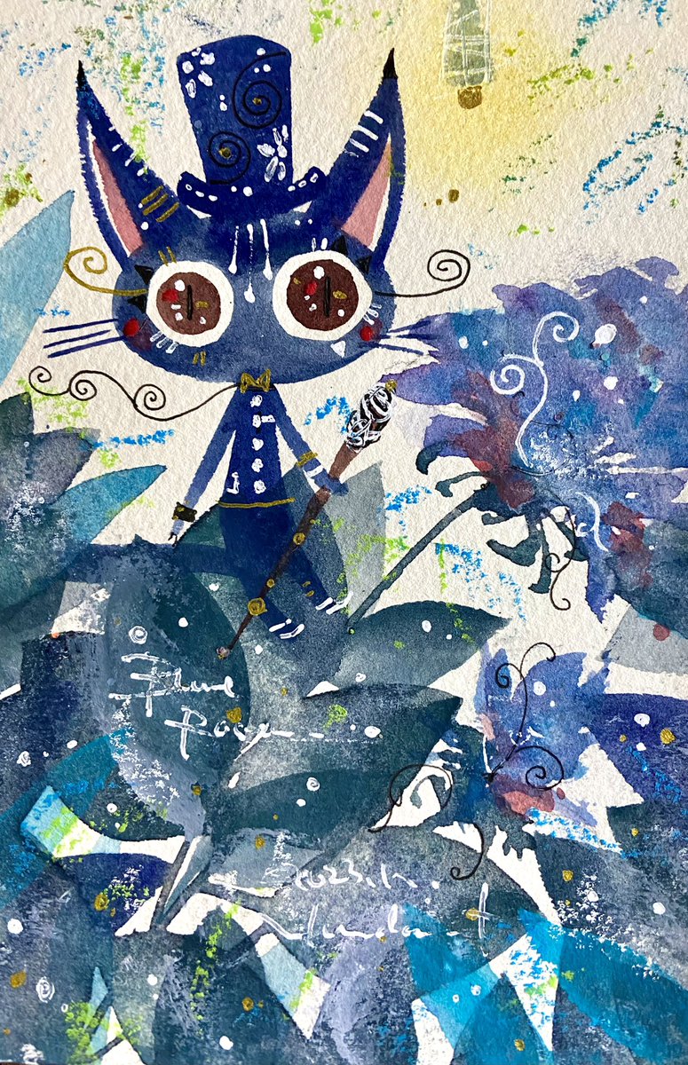 「Blue roses 」|ほんだ猫 (不思議風景と猫を描くぶるべり)のイラスト