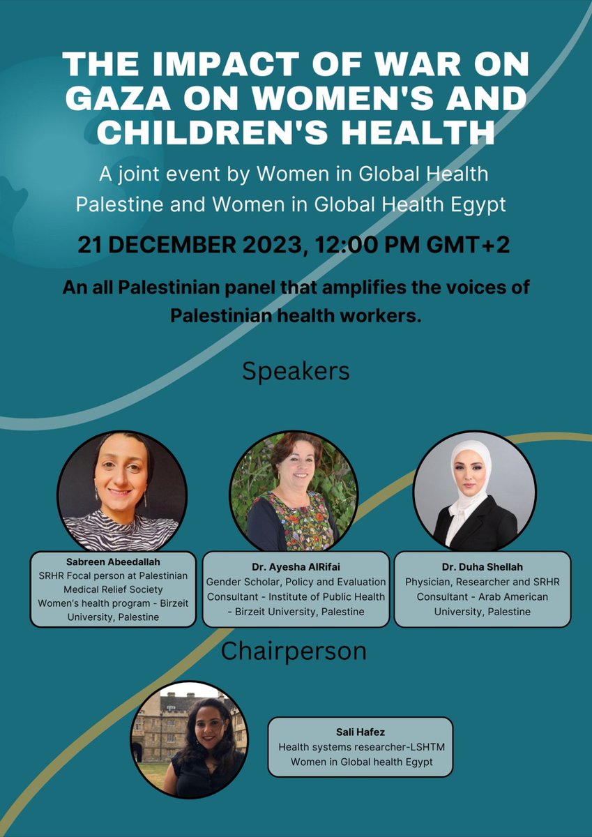 📣Join @WghEgypt for a joint event by Women in Global Health Palestine for a crucial discussion of the impact of the war on Gaza on the health conditions of women and children *📆 Thursday Dec 21, 2023 *⏰12:00 PM GMT+2 *🔗 Register lnkd.in/dwKJXJiY linkedin.com/posts/women-in…