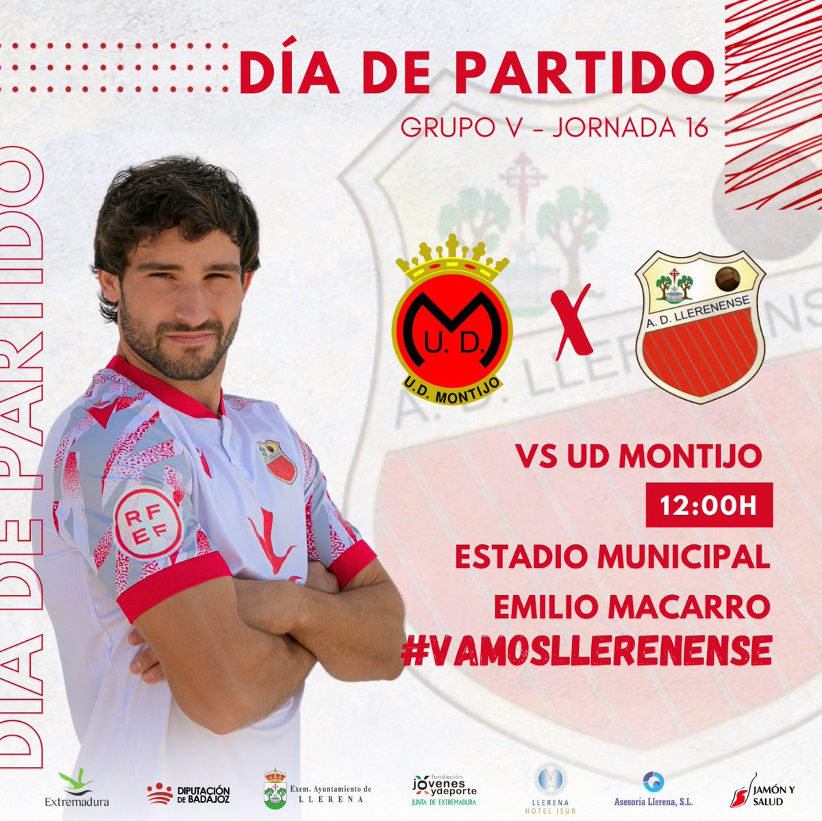 DÍA DE PARTIDO 

🏆 2ª RFEF -🗓️ Jornada 16

🆚 <a href="/udmontijo/">Unión Deportiva Montijo</a>
📆 HOY
⏰ 12:00H
🏟️ Emilio Macarro
📻 <a href="/enjuegoCEX/">Extremadura en Juego</a>
🖥️ <a href="/footballclub/">FootballClub</a>

 👉 Último partido del año con un único cometido: conseguir los 3 puntos ⚽️

#VamosLlerenense 🤍❤️🖤