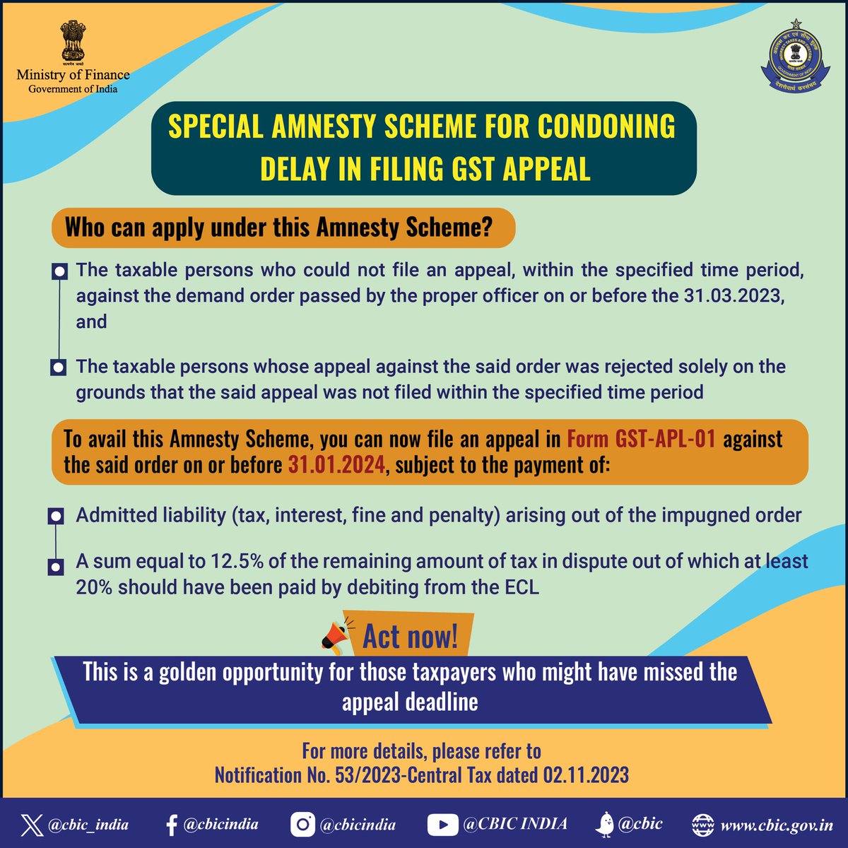 Special Amnesty Scheme announced for condoning delay in filing GST Appeal. The amnesty scheme is available till 31st January 2024. This is a golden opportunity for those taxpayers who might have missed the appeal deadline. #GSTforGrowth #EaseofDoingBusiness #ViksitBharat…