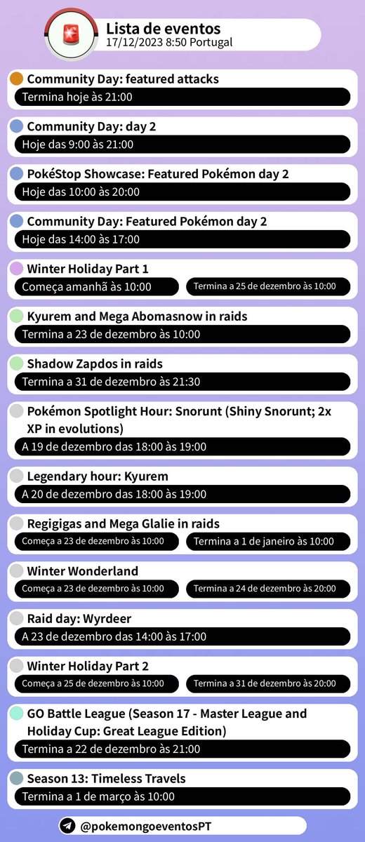 Eventos Pokémon GO (Portugal) on X: 🌠 Lista de eventos 13/11/2023 8:50  Portugal Telegram:  #PokemonGO #Evento   / X