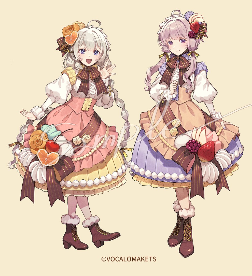 kizuna akari multiple girls 2girls food-themed hair ornament hair ornament smile boots fruit  illustration images