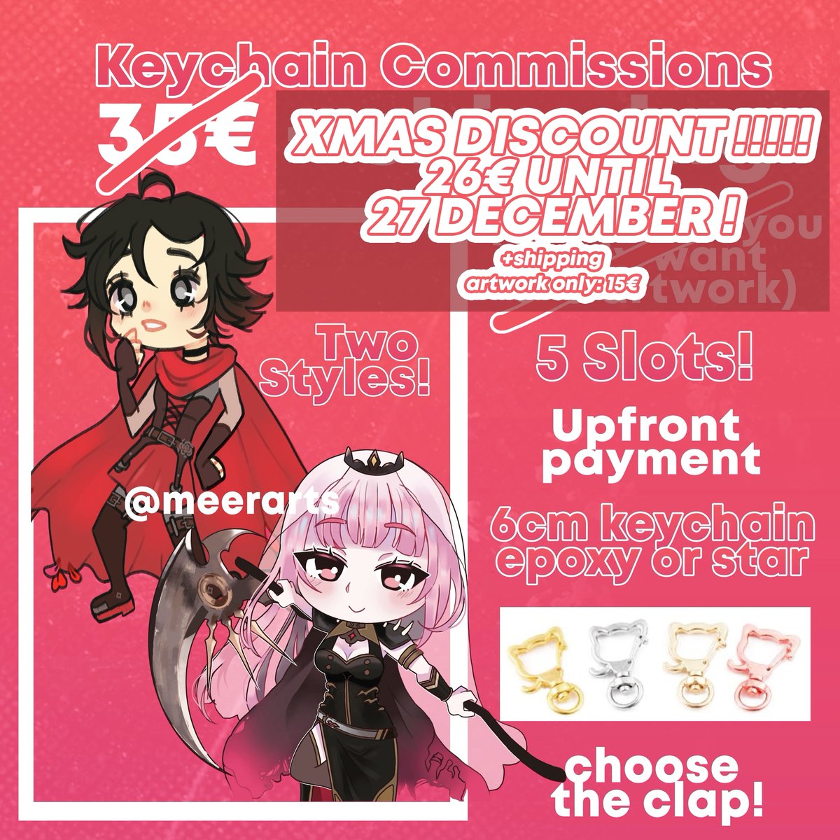 SHARE PLEASE! RT ARE APPRECIATED ⚠️

And It includes a custom artwork of your choice and the physical keychain. 

You can also order only the artwork for 15€

#keychaincommission #comms #commsopen #commissionsopen #commissions #customkeychain #chibicommission
