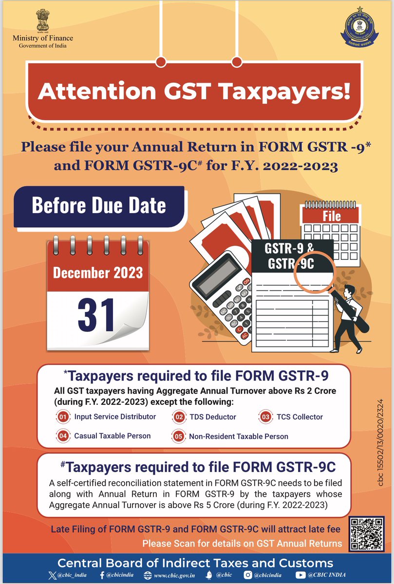 File your Annual Return in Form GSTR-9 and Form GSTR-9C before the due date.