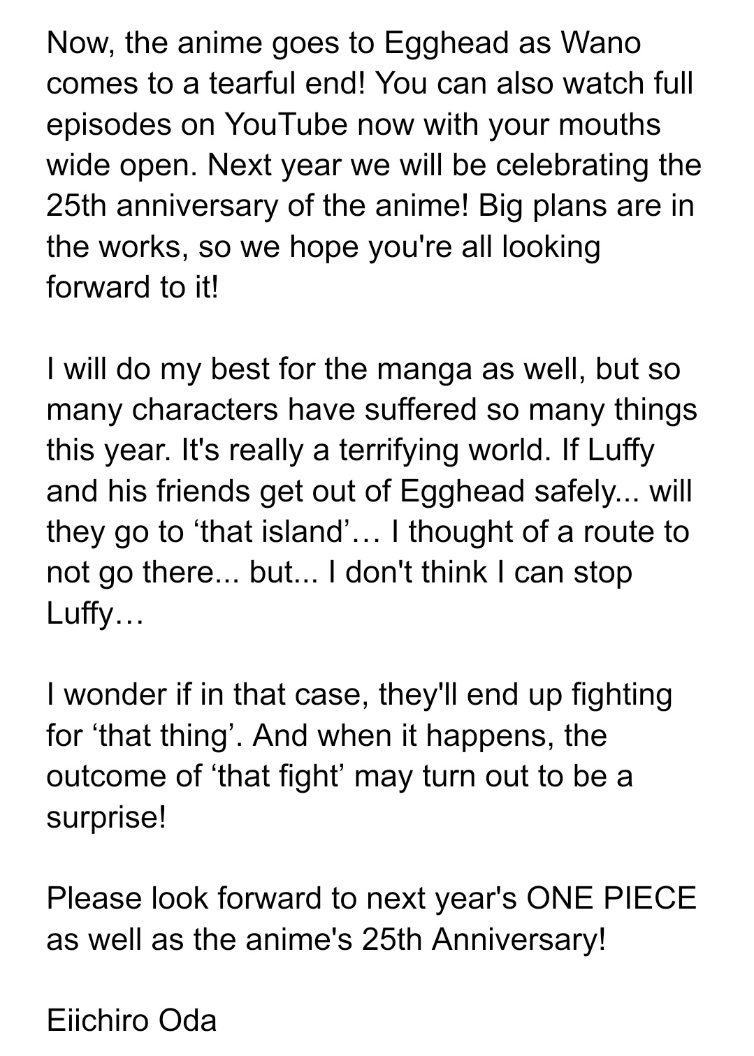 ONE PIECE スタッフ【公式】/ Official on X: Thank you to everyone who participated  to this year's online Jump Fest! Here is a translation of Oda-san message  that was revealed on the super stage!