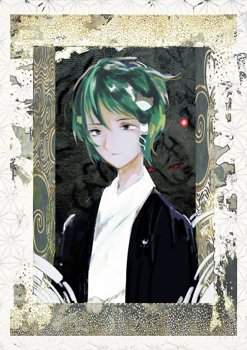 kochiya sanae green hair solo hair ornament upper body 1boy male focus frog hair ornament  illustration images