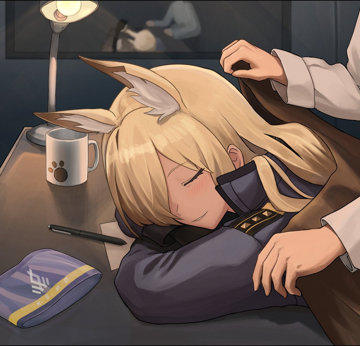 kanna (blue archive) animal ears blonde hair 1girl sleeping closed eyes hair over one eye cup  illustration images