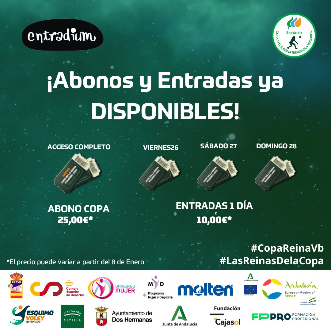 CAVEsquimo's tweet image. 🆕𝐄𝐧𝐭𝐫𝐚𝐝𝐚𝐬 𝐲𝐚 𝐚 𝐥𝐚 𝐯𝐞𝐧𝐭𝐚!
🎟️𝐀𝐛𝐨𝐧𝐨𝐬 COMPLETOS 𝟐𝟓€
🎟️𝐄𝐧𝐭𝐫𝐚𝐝𝐚𝐬 1 día 𝟏𝟎€
ℙ𝕣𝕖𝕔𝕚𝕠𝕤 𝕖𝕟 𝕡𝕣𝕖𝕧𝕖𝕟𝕥𝕒
No te quedes sin ellas:
tinyurl.com/yr8wvbjy
📅26-28 Enero'24
📌Dos Hermanas
@RFEVB  @aytodoshermanas @Cajasol @TurismoAND